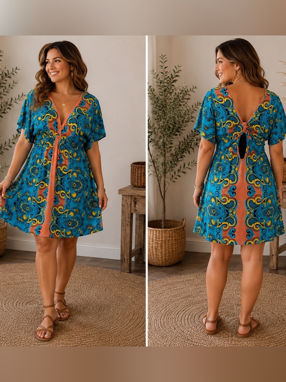 Angie Boho Empire Waist Tunic Dress Size Large Blue Paisley V Neck Short Sleeve